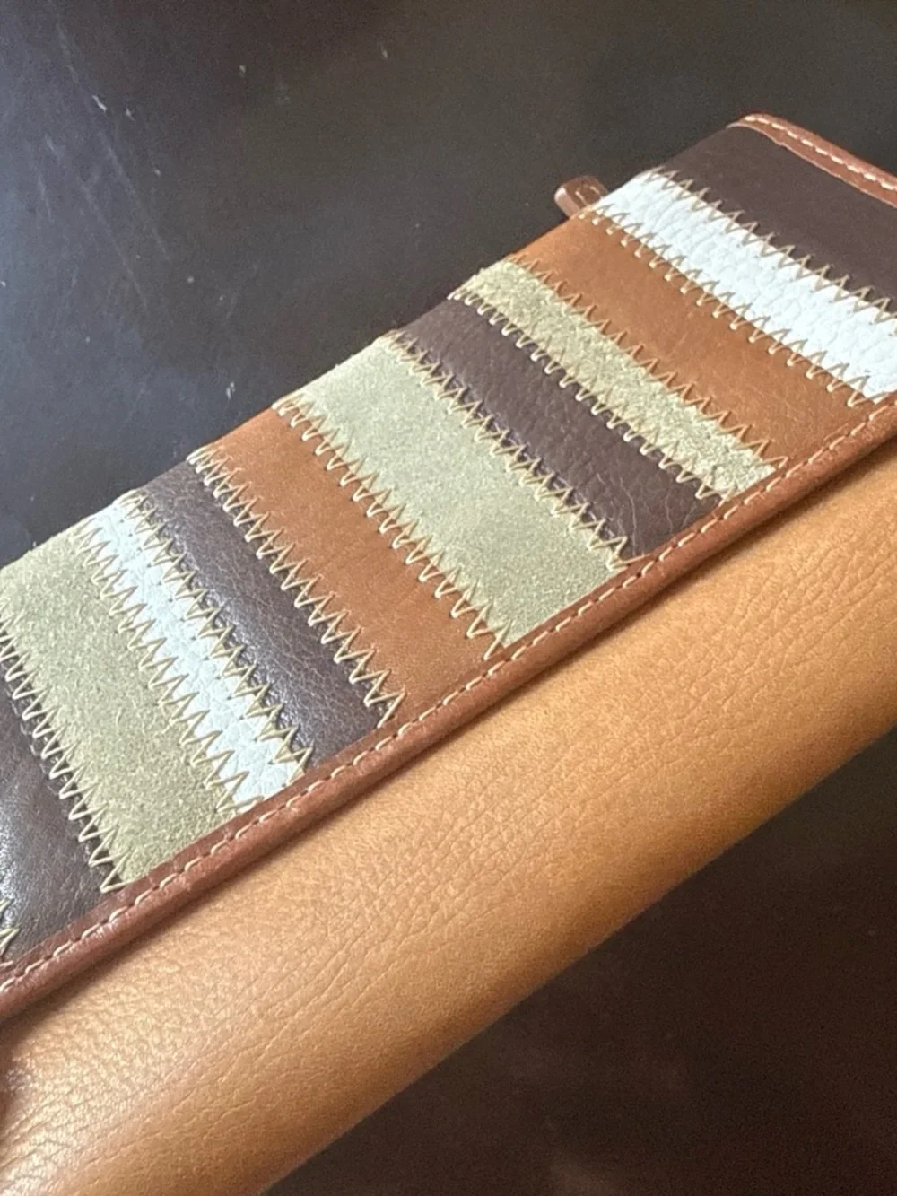 Vtg Fossil Striped Patchwork Genuine Leather Tri Fold Wallet
